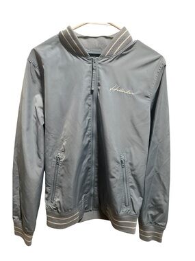 Vintage Hollister Men's light blue  Bomber Jacket with Subtle Stripe Trim